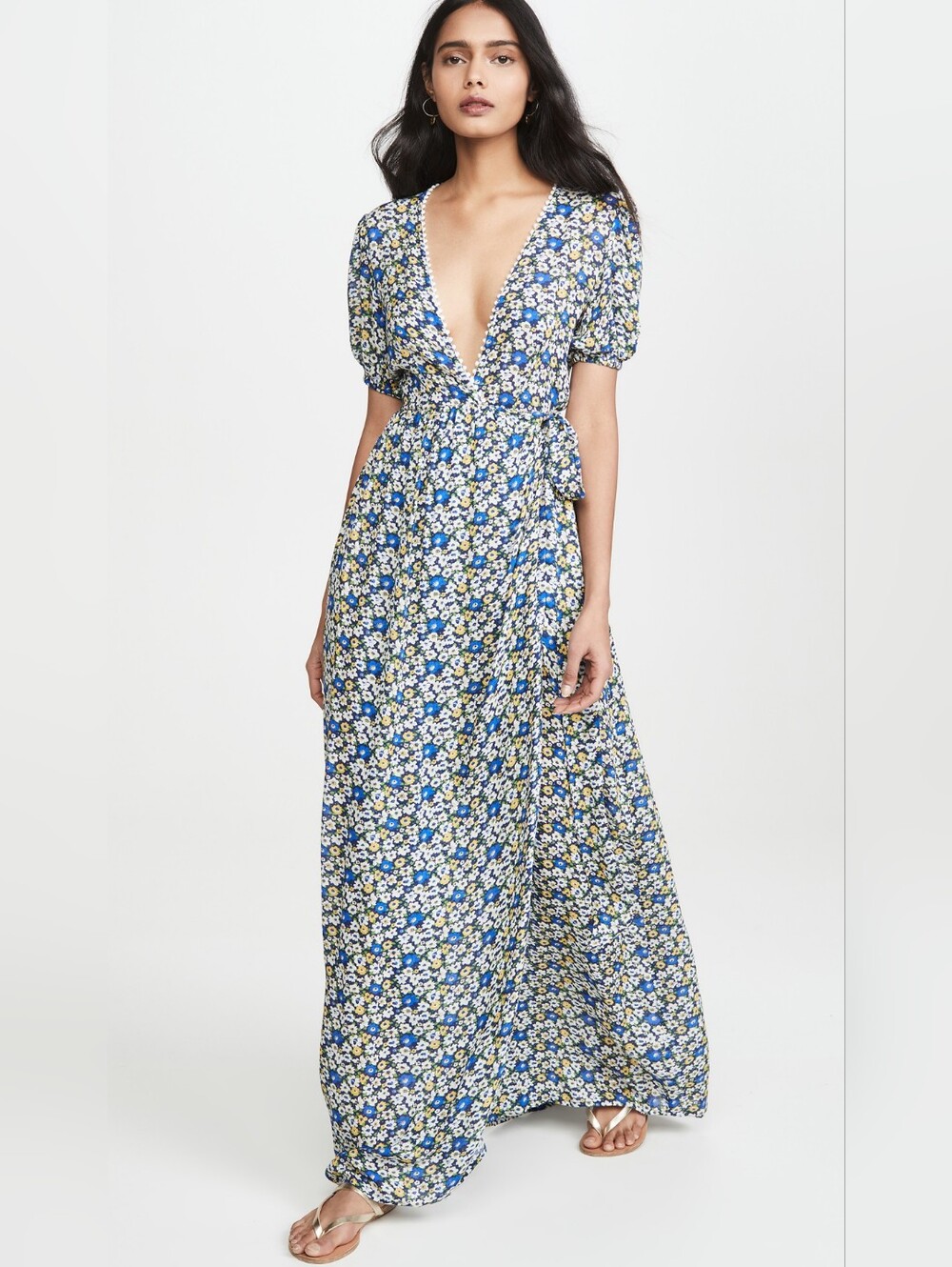 Playa Lucila Floral Printed Wrap Maxi Dress Blue Yellow Small